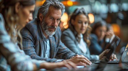 Fototapeta premium Confident senior businessman discussing ideas with female colleagues during a meeting in a modern office.