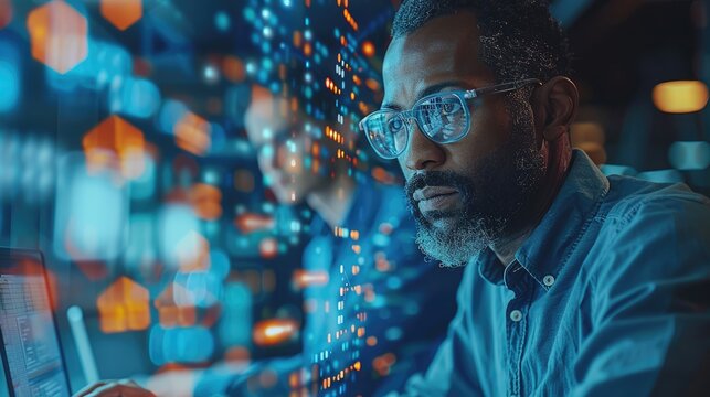Focused African American software developer working on a code in a dark server room with a female colleague in the background.