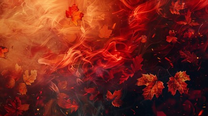 A captivating Autumn background web design banner adorned with vibrant red autumn leaves and swirling color smoke