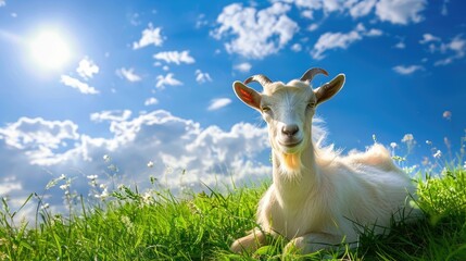 Pictures of beautiful goats with green grass and blue sky in the background