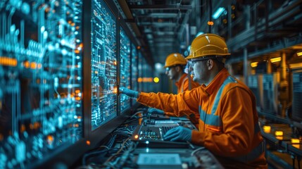 Technician in hard hat and safety glasses works on a control panel.