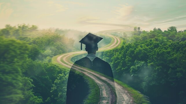 Graduate and a winding road representing the journey to success