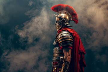 a roman warrior in armor with foggy background