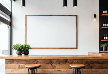 a copy space interior of bar counter table with blank white poster board on white wall