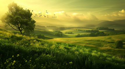 beautiful green landscape, relaxing nature wallpaper 