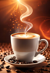 a cup of cappuccino with coffee beans element around background