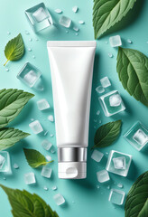 blank unlabeled cream tube product showcase mockup with green leaf and ice cube