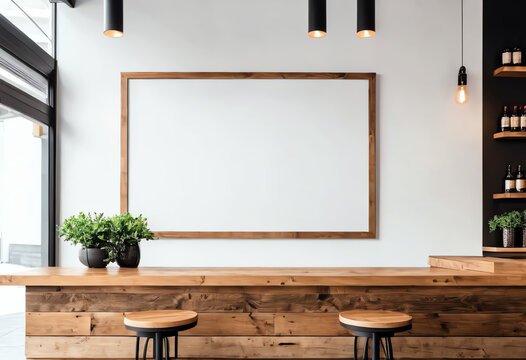 a copy space interior of bar counter table with blank white poster board on white wall
