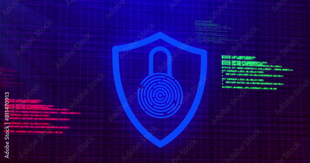 Poster image of security fingerprint and data processing over dark background