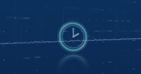 Image of clock and data processing over dark background