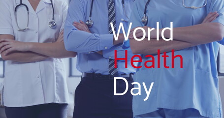 Image of world health day text over diverse doctors