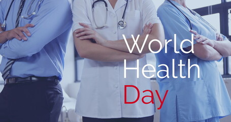 Image of world health day text over diverse doctors