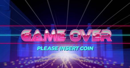 Image of game over text in pink metallic letters over digital city with blue lights
