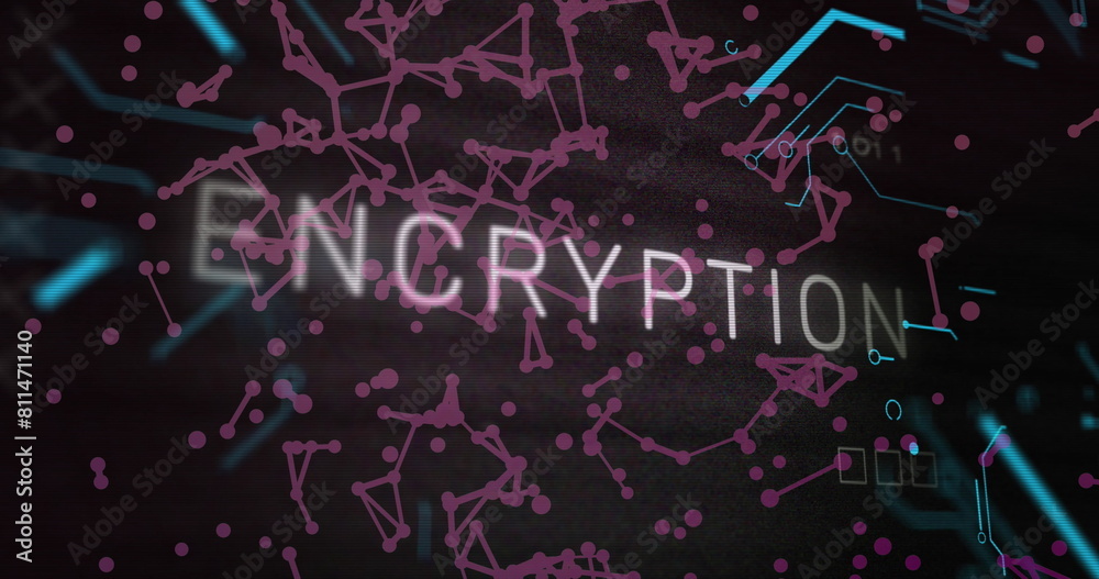 Poster image of encryption text, x symbol, circuit board pattern, floating dots forming abstract shapes