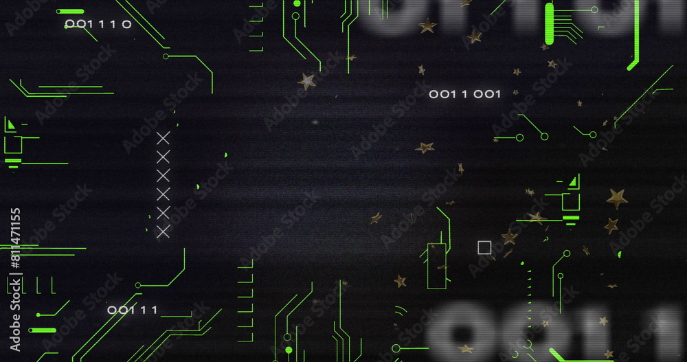 Poster image of glitch technique over x mark, binary code, circuit board pattern over black background