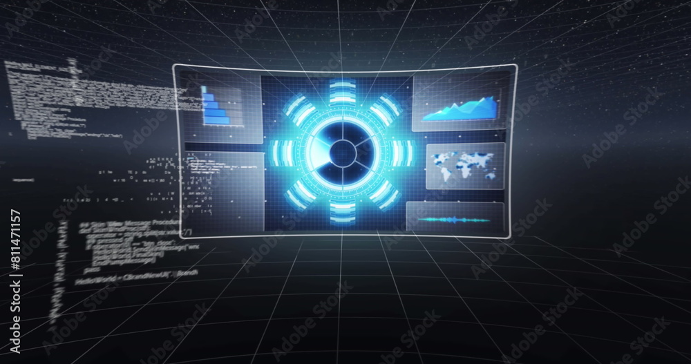 Poster image of infographic interfaces and programming language against black background