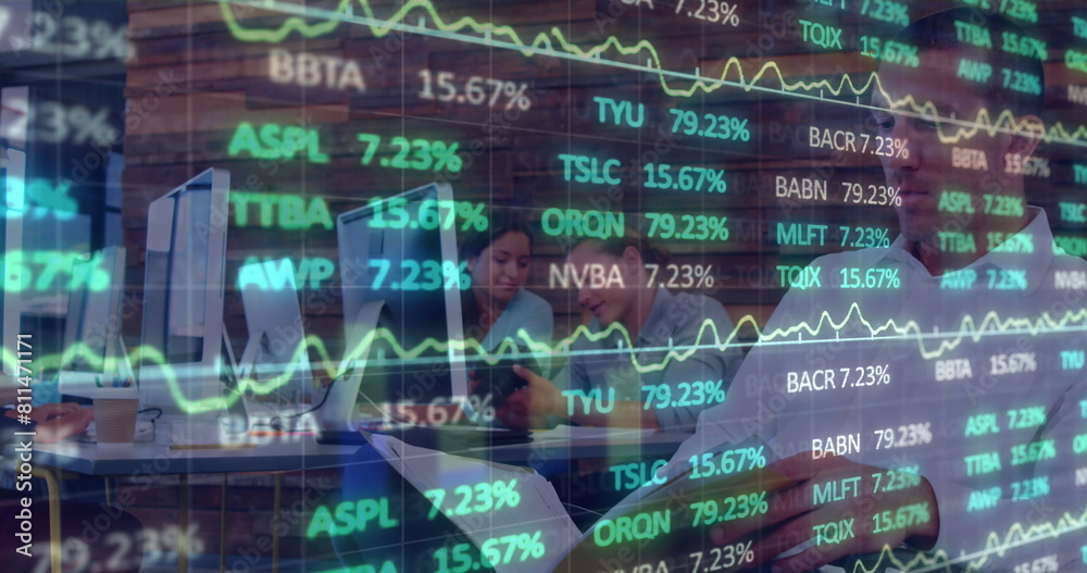 Poster image of financial data processing over business people using computer