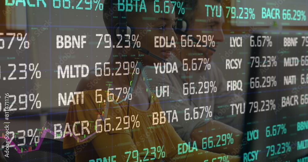 Poster image of financial data processing over business people using computer