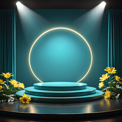 dark cyan stage showcase with spotlight and yellow flower