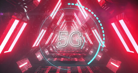 Image of 5g and processing circle in neon tunnel