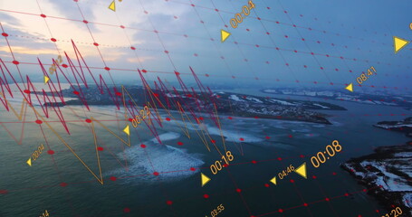 Image of financial data processing over landscape