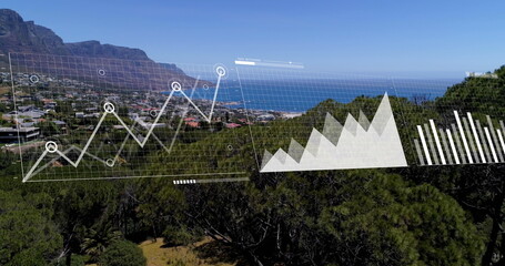 Image of financial data processing over landscape