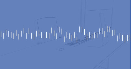Obraz premium Image of data processing against office desk sketch on blue background