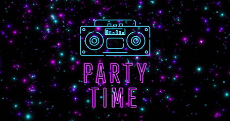 Image of party time text and radio icon over flashing blue and purple lights