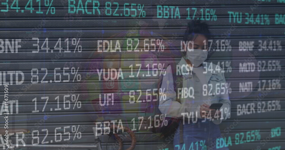 Sticker Image of financial data processing over woman wearing face mask