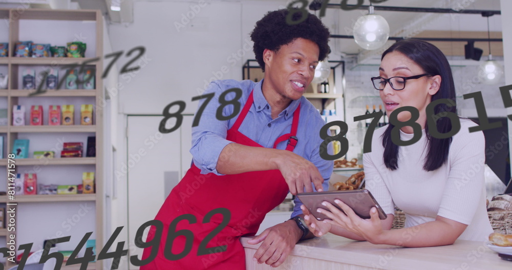 Poster image of numbers and data processing over diverse people using tablet in shop
