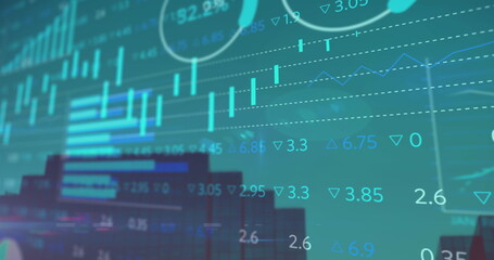 Image of financial data processing over modern office building