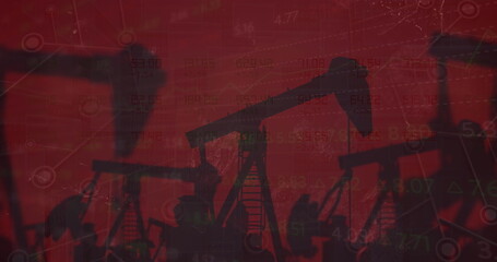 Image of financial data processing against construction site against grunge red background