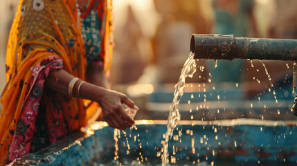 Indian slums people and clean water sources for consumption. hot weather. heat wave.