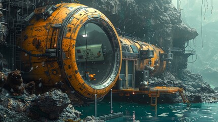 a futuristic yellow submarine sitting in a cave - Powered by Adobe