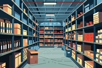 Obraz premium A warehouse room is filled with numerous shelves stacked with boxes of various sizes and shapes. Generative AI