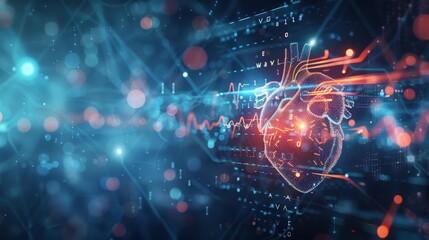 A captivating image showcasing a heartbeat line transforming seamlessly into digital AI code, symbolizing the role of advanced AI technology in real-time patient monitoring and heart health management