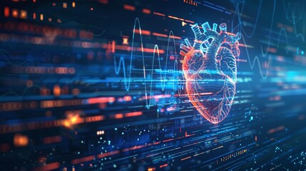 A captivating image showcasing a heartbeat line transforming seamlessly into digital AI code, symbolizing the role of advanced AI technology in real-time patient monitoring and heart health management