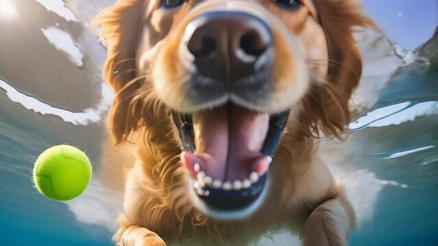 A golden retriever swims towards a tennis ball underwater. With a wide, happy grin, the dog eagerly chases after its favorite toy in the clear blue water. 