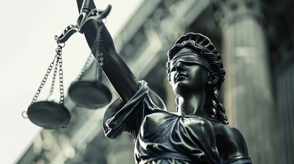 a statue of lady justice holding a scale and a sword in her hand with a building in the background..