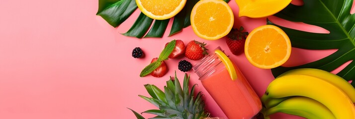 a pink background with fruits