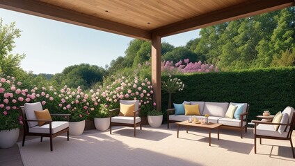 a patio with a couch and chairs