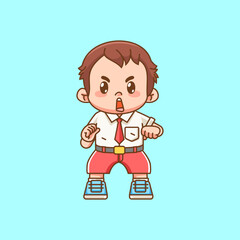 Cute boy Indonesian student elementary school fight pose cheers kawaii chibi character mascot illustration
