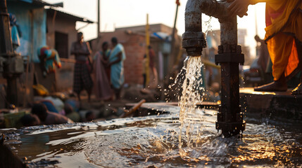 Indian slums people and clean water sources for consumption. hot weather. heat wave.