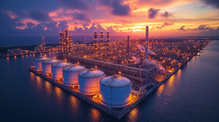 The aerial view of petrochemical oil and gas industry plant during sunset