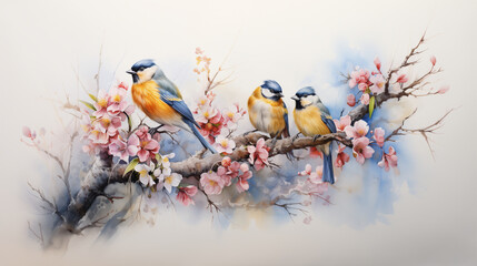 Colorful birds resting on flowering branches, painted in watercolor against a soft, serene backdrop.