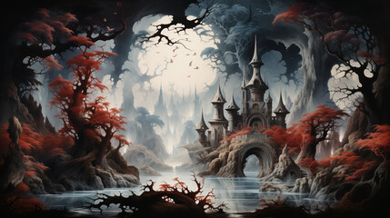 Fototapeta premium Watercolor painting of A gothic castle emerges from a mystical forest, framed by eerie red autumn trees and a fog-laden atmosphere, creating a hauntingly beautiful scene.