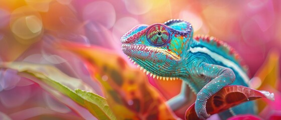 Witness the Chameleon's Mesmerizing Transformation as it Seamlessly Blends into a Vibrant Rainbow Backdrop, Embracing the Beauty and Resilience of Life in Ever-Changing Environments