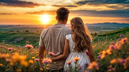 close-up back of a couple shared a quiet moment, lost in the beautiful landscape on the hill full up wild flowers of the amazing sunset. Valentine's Day