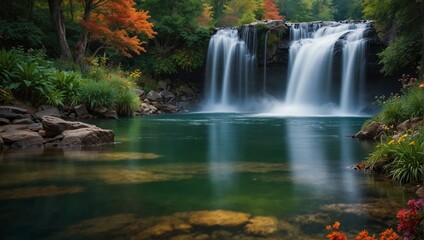 Obraz premium Nature’s Palette: Capture the vibrant hues of natural landscapes, such as a rainbow stretching across a waterfall, a colorful garden filled with flowers, or a rainbow reflected in a serene lake.