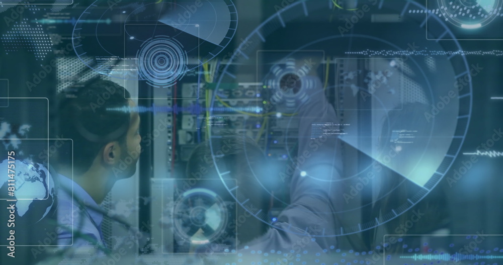 Poster image of data processing over diverse it engineers and computer server